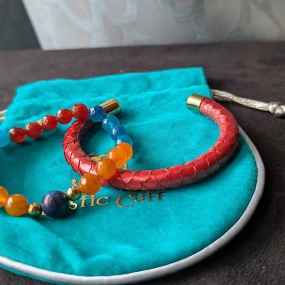 Rustic Cuff Boho Red Leather Cuff & Multi-Color Beaded Strand